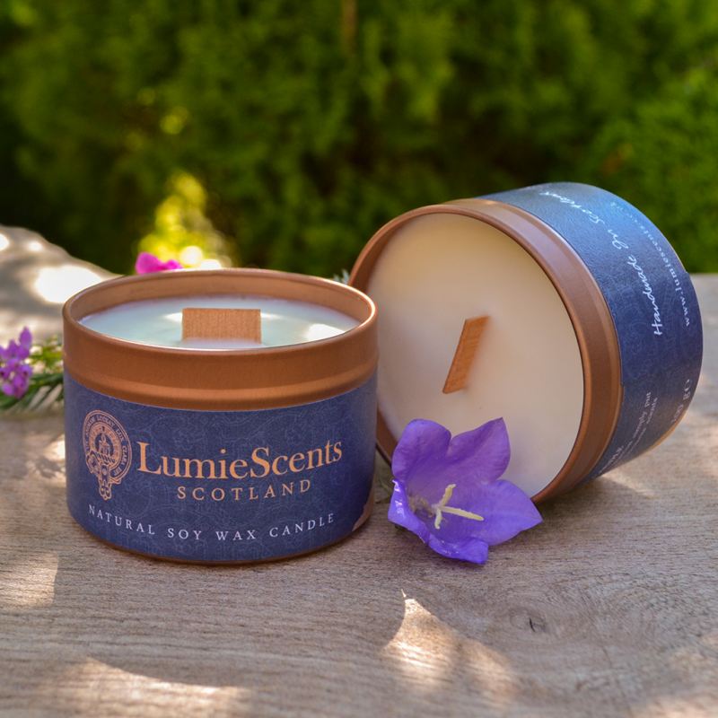 Environmentally friendly Soy wax candle with a wood wick in a copper tin